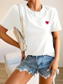 EURMUSE Heart Embroidery Round Neck Tee - White - View 4