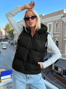 EURMUSE 拉鏈開襟抽繩連帽羽絨背心大衣 - 黑色 - 查看 1