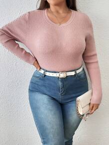 SHEIN Clasi Talla grande Jersey con cuenta de perla tejido de canalé - Rosa vieja - Ver 4