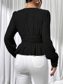 SHEIN Privé Màu thuần Tay áo lồng đèn Áo sơ mi Với Xù Hoa Sen - màu đen - Xem 2