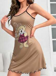 Bear & Letter Đồ họa Xà lách Trang trí Tương phản Ràng buộc Cami Pajama Váy ngủ - màu nâu - Xem 4