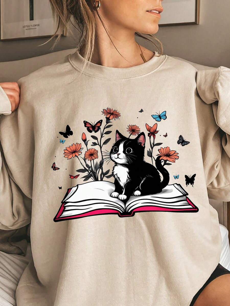 Calvaya Talla grande Pullover con estampado de gato y mariposa de hombros caídos - Caqui - Ver 1
