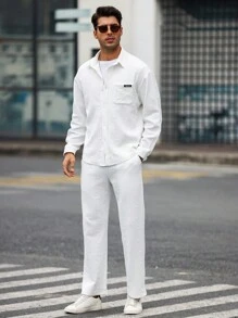 Manfinity Homme Conjunto De Camisa De Manga Larga Y Pantalón De Color Sólido Para Hombre Y Cómodo - Blanco - Ver 3