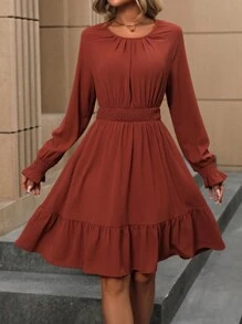 SHEIN Clasi 抽褶袖口袖荷葉邊洋裝 - 棕色 - 查看 5