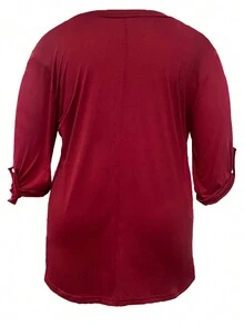 大码新品秋季时尚休闲 V 领纯色女式衬衫，适合办公室女士 - 酒紅色 - 查看 2