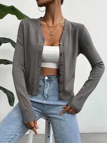 SHEIN Essnce Của phụ nữ Màu thuần Mặt trước Có nút Áo len Mở - Màu xám đen - Xem 5