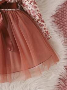 Baby Girl Ditsy Floral Print Ruffle Trim Mesh Hem Dress & Headband - Multicolor - View 6