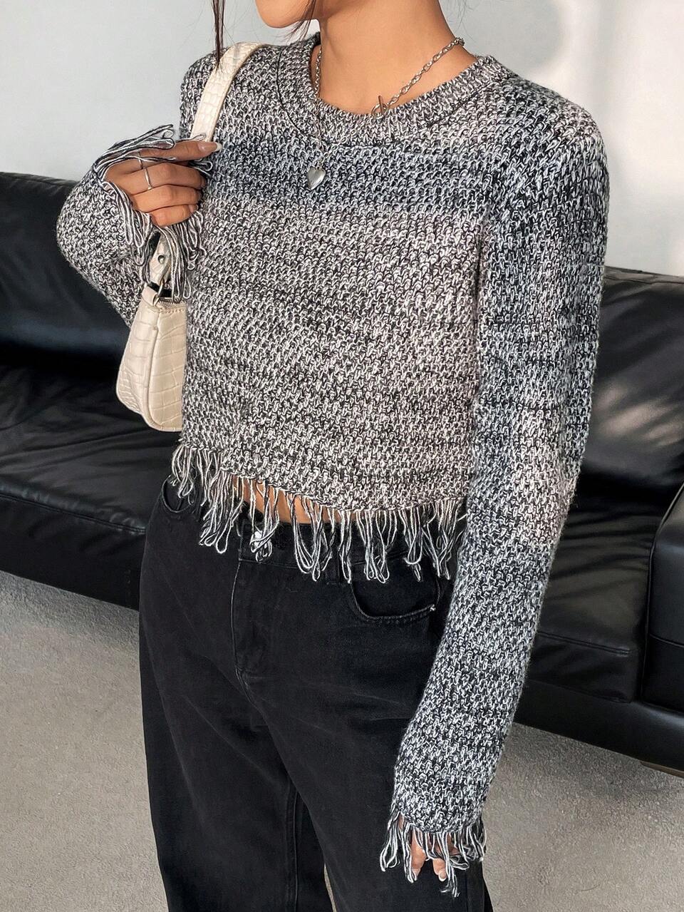 Space Dye Fringe Hem Crop Knit Pullover Fall Winter Sweater
