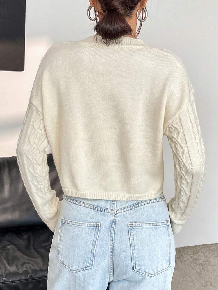 Flower Decoration Cable Knit Long Sleeve Knit Pullover Fall Winter Sweater