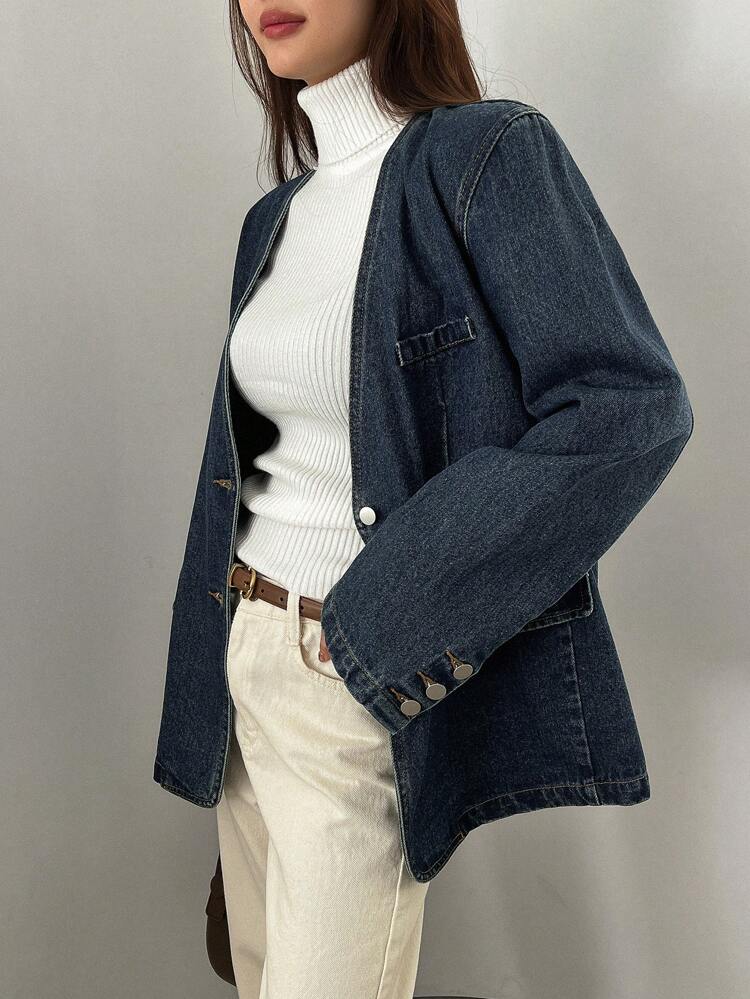 Women's V Neck Long Sleeve Denim Jacket