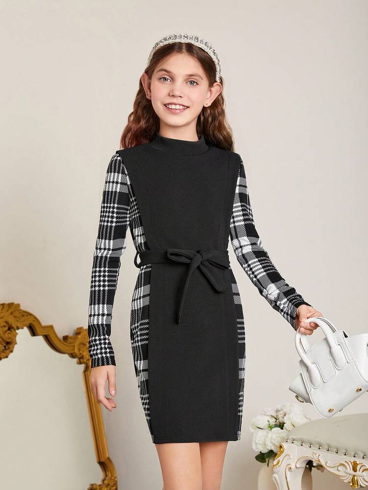 Tween Girls' Girls' Plaid Patchwork Belted Dress