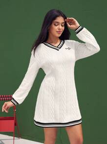 VARSITIE Letter Embroidered Striped Trim Lantern Sleeve Dress - Beige - View 1