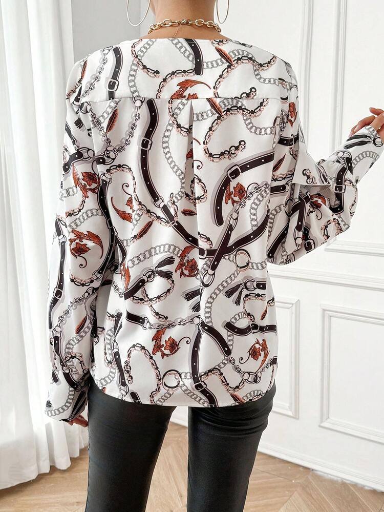 Chain Print Ruffle Trim Wrap Blouse