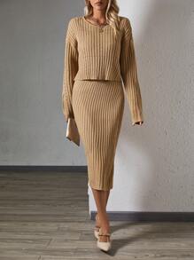 SHEIN Clasi Thả vai Áo len & Bọc Váy dệt kim - Màu Khaki - Xem 6