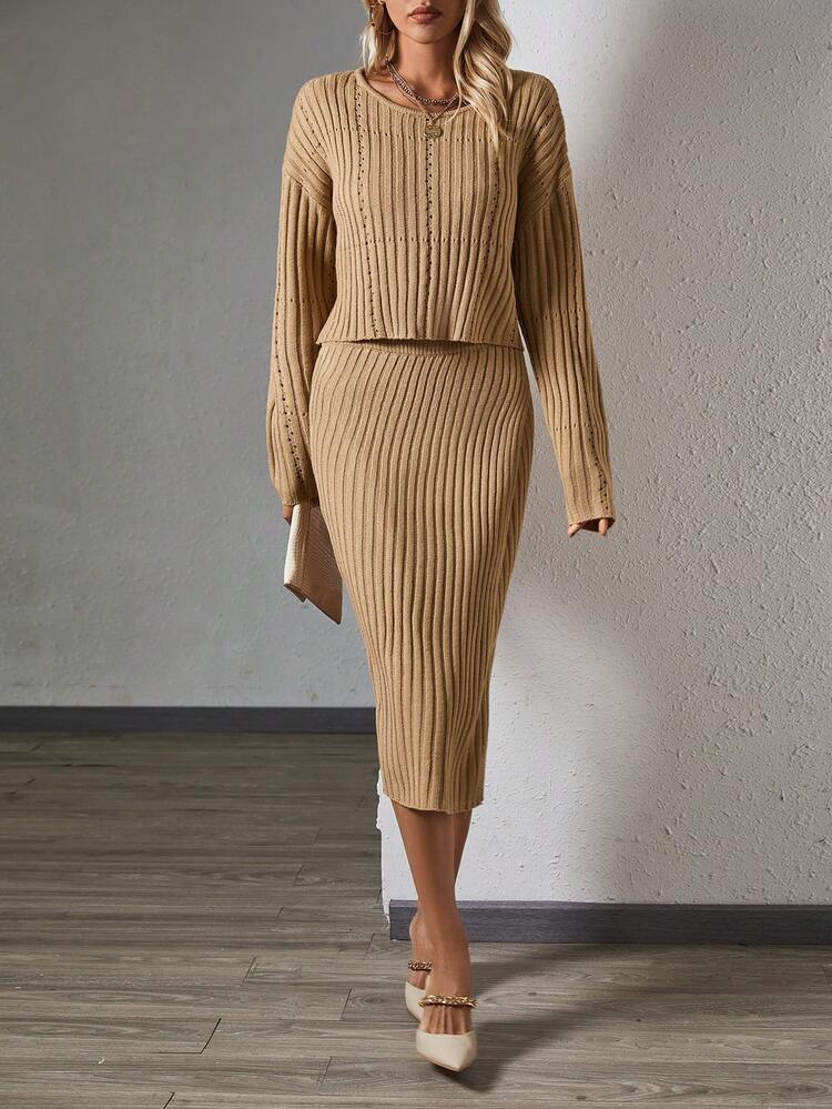 Drop Shoulder Sweater & Wrap Knit Skirt Fall Cloth For Women
