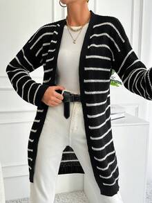 EURMUSE Mẫu sọc Thả vai Áo len Duster - Đen và trắng - Xem 4