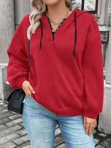 SHEIN Franclia 加大码落肩抽绳卫衣 - 紅色 - 查看 6