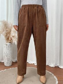 SHEIN LUNE Kích thước lớn Vải to sợi Quần Với Túi - Cà phê nâu - Xem 4