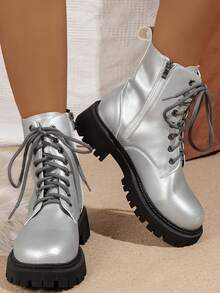 Của phụ nữ Hàng mới đến Đế dày Giày ống thời trang Với Màu bạc Chóp giầy tròn & Lace-up Giữa bắp chân Giày ống Đối với Mùa Thu /đông - Bạc - Xem 5
