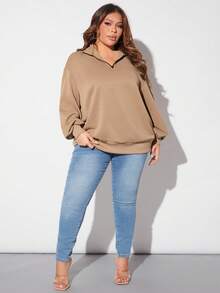 SHEIN SXY 大碼半拉鏈落肩袖運動衫 - 駝色 - 查看 3