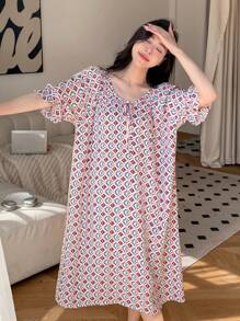 DAZY 全身印花荷叶边袖睡裙睡衣 - 彩色 - 查看 4