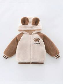 SHEIN 女小童小熊刺繡3D耳朵設計插肩袖連帽搖粒絨夾克 - 咖啡棕 - 查看 1
