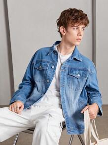 SHEIN Garoto adolescente Bolso Com Aba Jaqueta Denim