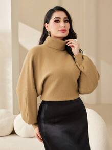 Modelyn 女款純色高領蝙蝠袖毛衣 - 芥末黃 - 查看 6