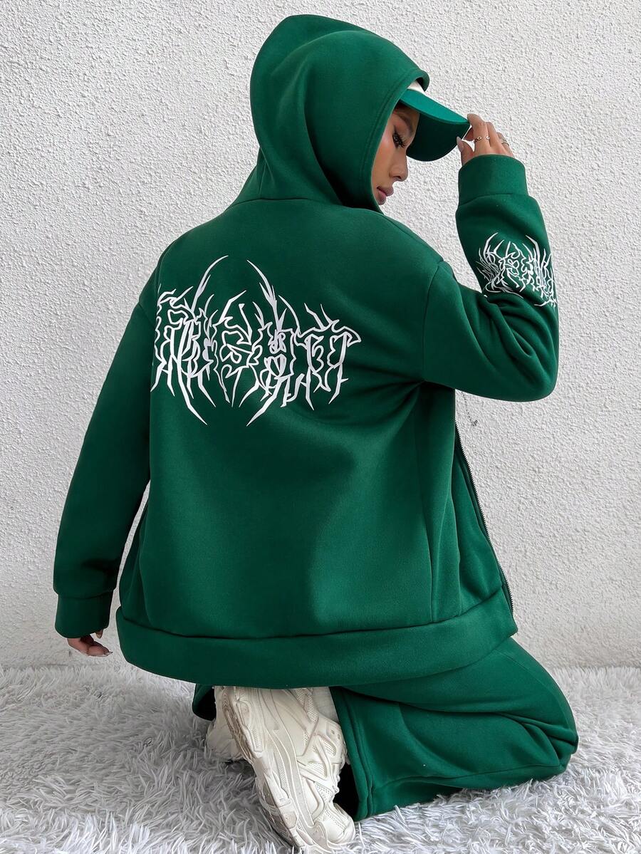 SHEIN Unity Letter Graphic Drop Shoulder Hoodie & Sweatpants - Green - View 1