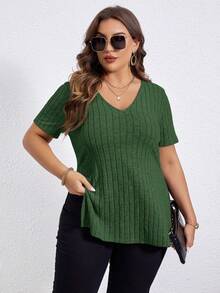 SHEIN Essnce 大碼下擺開叉條紋針織T恤 - 墨綠色 - 查看 7