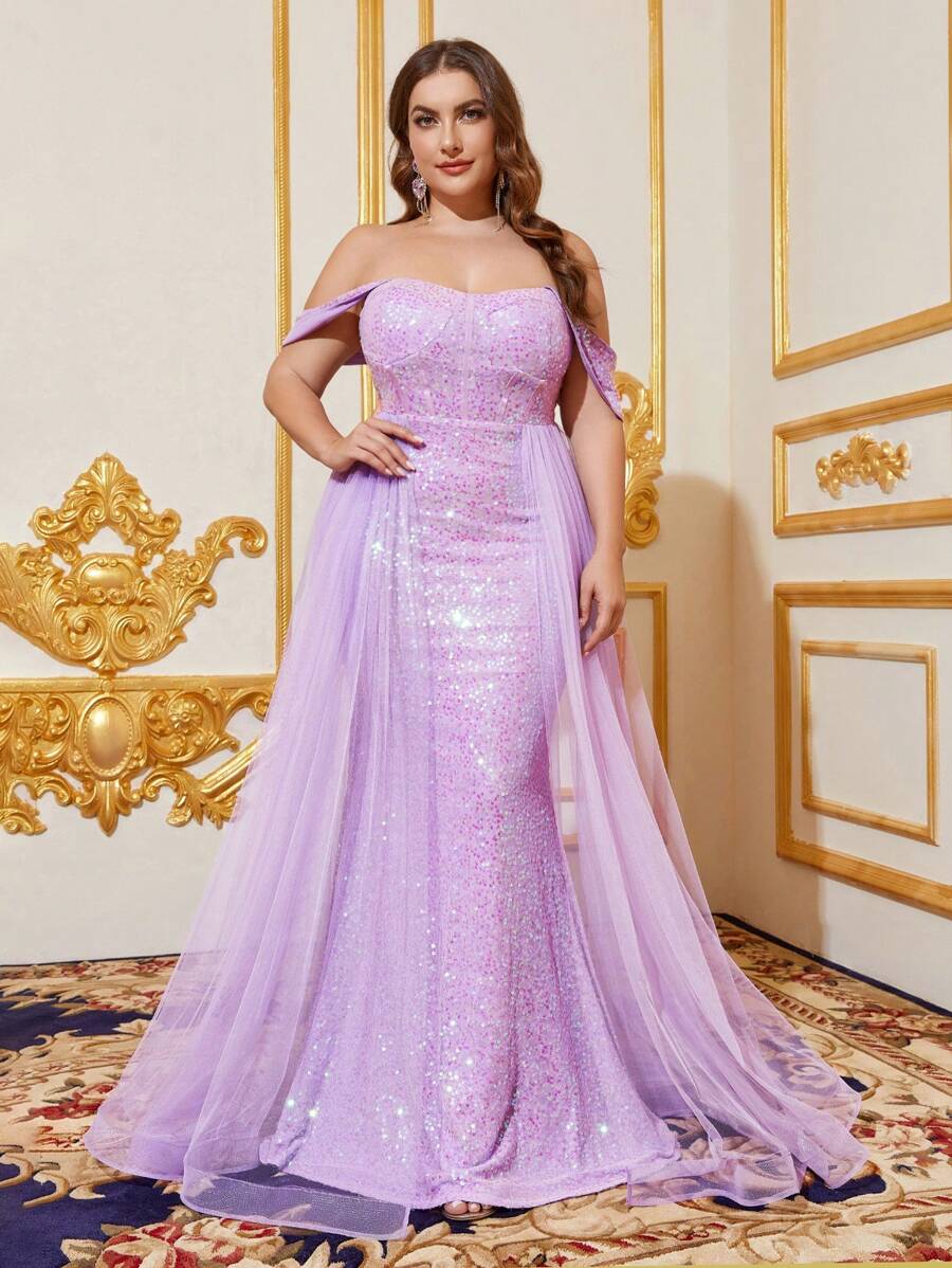 加大碼露肩拼接網紗亮片鱗魚裙禮服 - 紫丁香色 - 查看 1