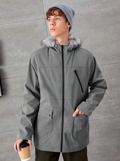 SHEIN Teen Boy Flap Pocket Fuzzy Trim Hooded Coat
