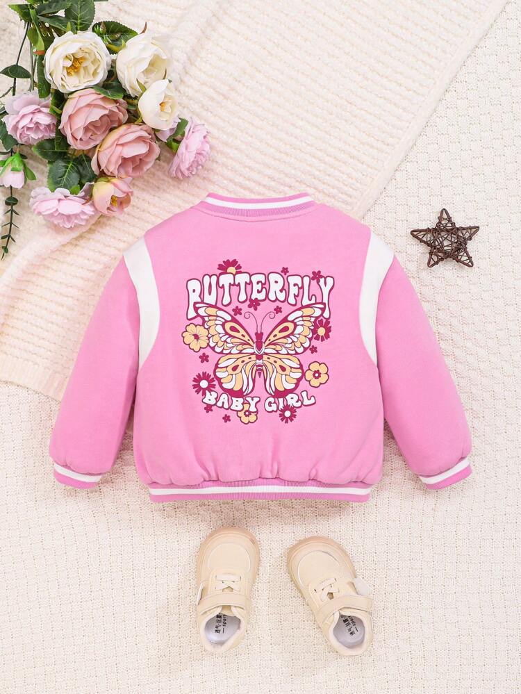 Baby Girls' Butterfly Printed Contrast Color Fleece Jacket With Back Design