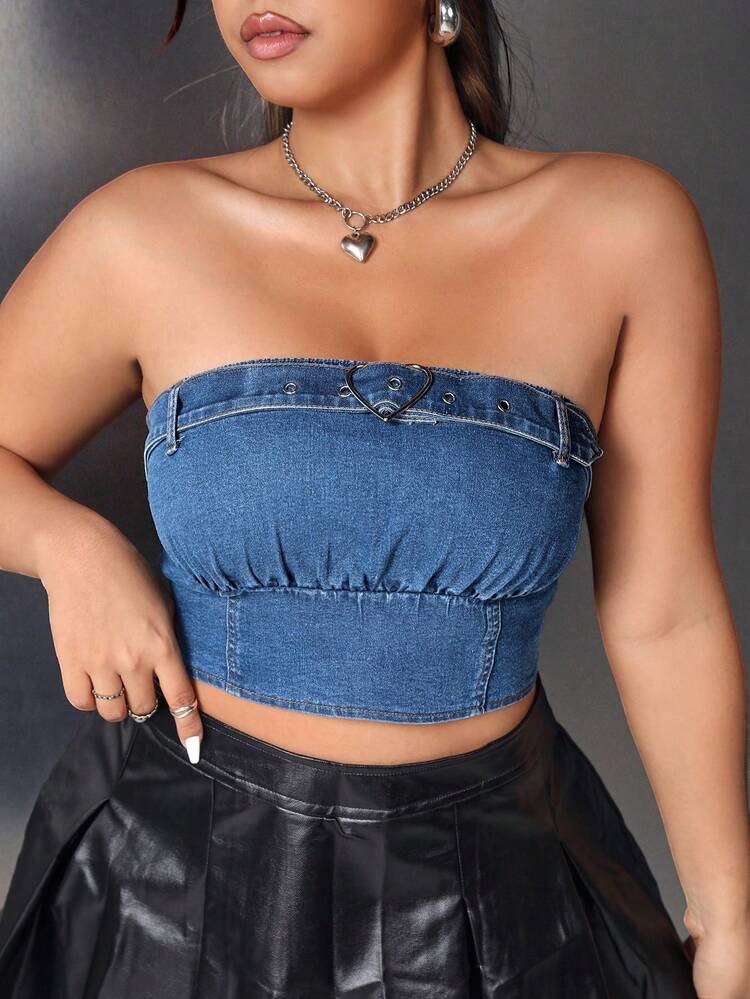 Plus Size Ruched Bust Denim Strapless Top