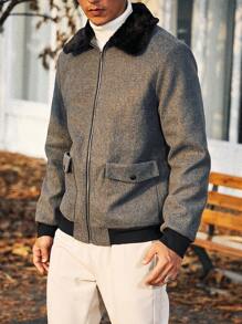 Manfinity Homme Men Borg Collar Flap Pocket Zip Up Overcoat Without Sweater - Grey - View 1