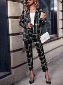 SHEIN Privé 格紋印花尖領外套和褲子 - 彩色 - 查看 1