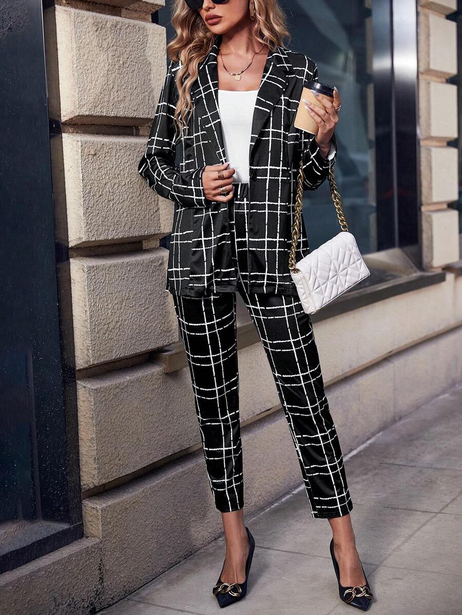 SHEIN Privé 格紋印花尖領外套和褲子 - 彩色 - 查看 1