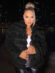 SHEIN SXY Plus Size Women's Sexy & Elegant Party Black Faux Fur Collar Drawstring Jacket, Autumn/Winter