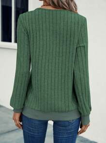 EMERY ROSE Women's Solid Color Ribbed Knit Sweatshirt With V-Neck - Green - View 2