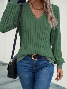 EMERY ROSE Women's Solid Color Ribbed Knit Sweatshirt With V-Neck - Green - View 3