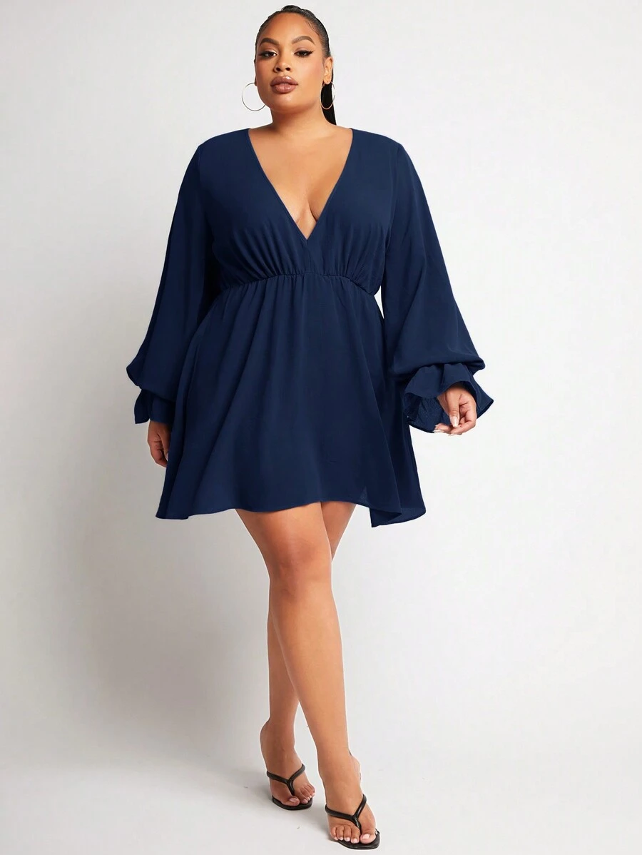 SHEIN SXY Hơn Cổ Lao tay áo lá sen Đầm - Màu xanh hải quân - Xem 1