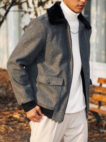 Manfinity Homme Men Borg Collar Flap Pocket Zip Up Overcoat Without Sweater - Grey - View 4