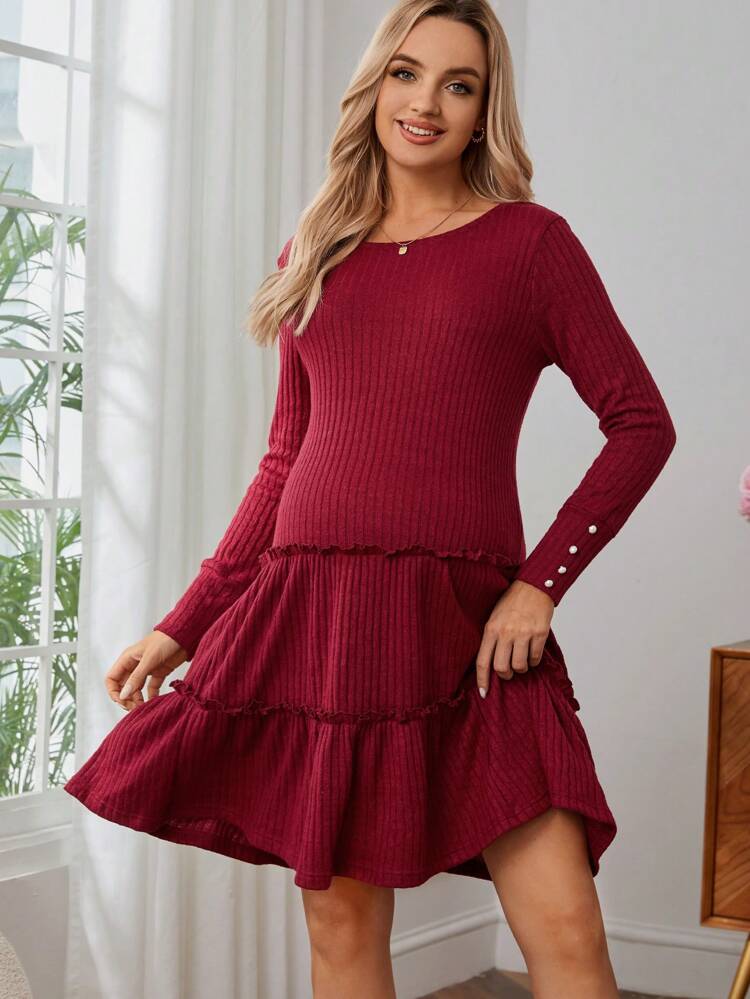Maternity Waffle Knit Ruffle Hem Smock Dress