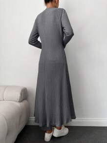 EURMUSE 單色中空蝙蝠袖上衣+開襟外套+寬褲 - 深灰色 - 查看 2