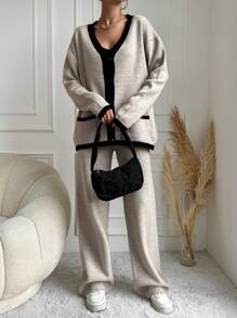 EURMUSE 2 Contrasting Buttoned Sweaters And Solid Color Sweater Pants - Khaki - View 5