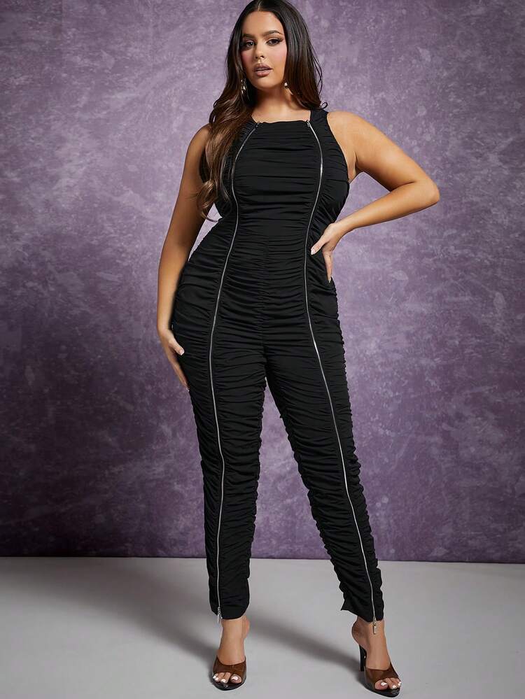 Plus Contrast Zipper Ruched Jumpsuit