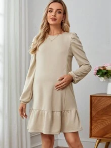 SHEIN 孕婦哺乳裙子,帶褶邊 - 杏色 - 查看 4