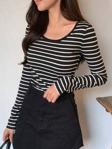 Dazy Star Sọc Vòng cổ Của phụ nữ Áo thun - Đen và trắng - Xem 5