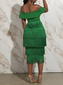 Slaydiva Off Shoulder Twist Front Fringe Trim Bodycon Dress - Green - View 2