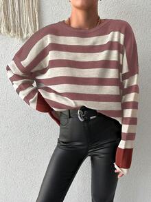 EURMUSE 女式圓領條紋垂墜肩寬鬆毛衣 - 乾枯玫瑰色 - 查看 4